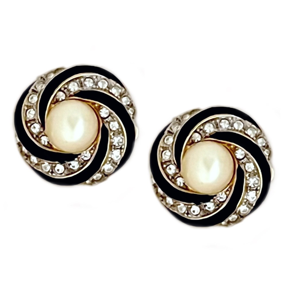 NINA RICCI • Vintage Black Rhinestone Pearl Earrings